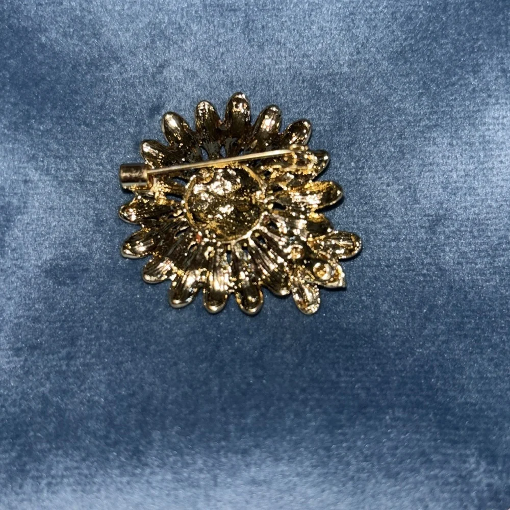 Source Unknown Orange and Yellow Brooch with Rhinestones